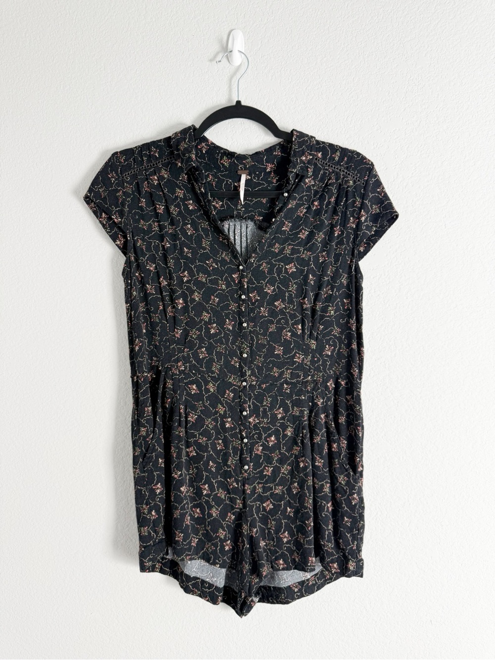 Free People Debby Dot Black Floral Print Shorts Romper with Silver Buttons - Picture 2 of 9